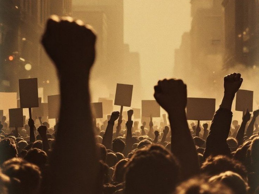 A crowd with raised fists and placards gathered together in a city street